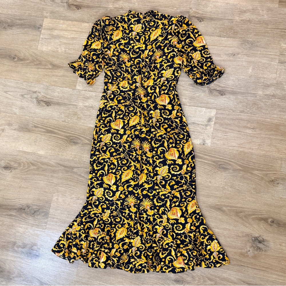 RHODE Felix Dress Black Yellow Gold Patterned Flare Midi - Picture 13 of 14